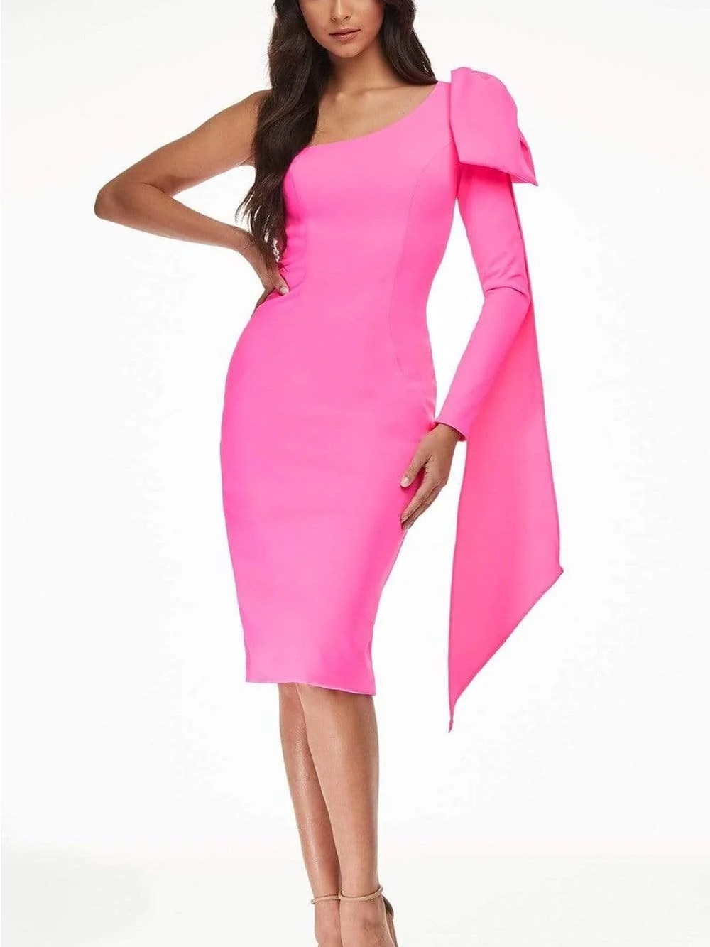 One-Shoulder Neon Pink Sheath Dress with Draped Sleeve